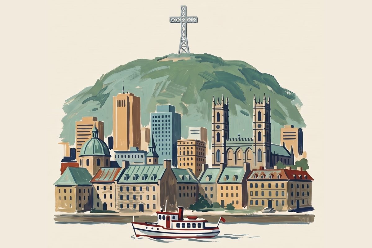 A painting of Montreal from the St. Lawrence River, with Mount Royal and its cross behind the city