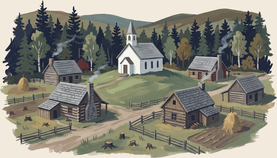 A painting of a village with a white church among log houses