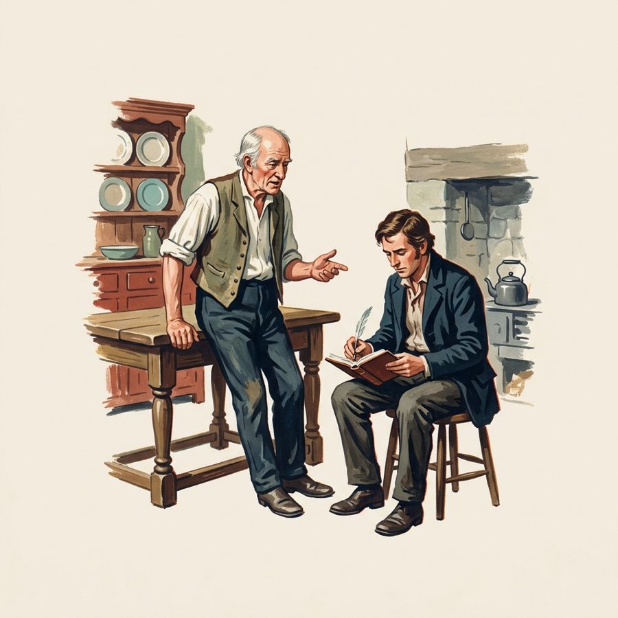 A painting of an old man telling his story while a young clerk writes it down