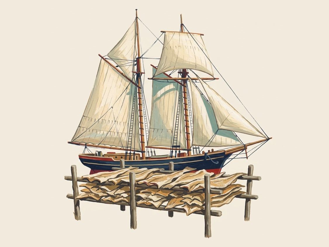 A painting of a two-masted schooner beside wooden racks of drying fish
