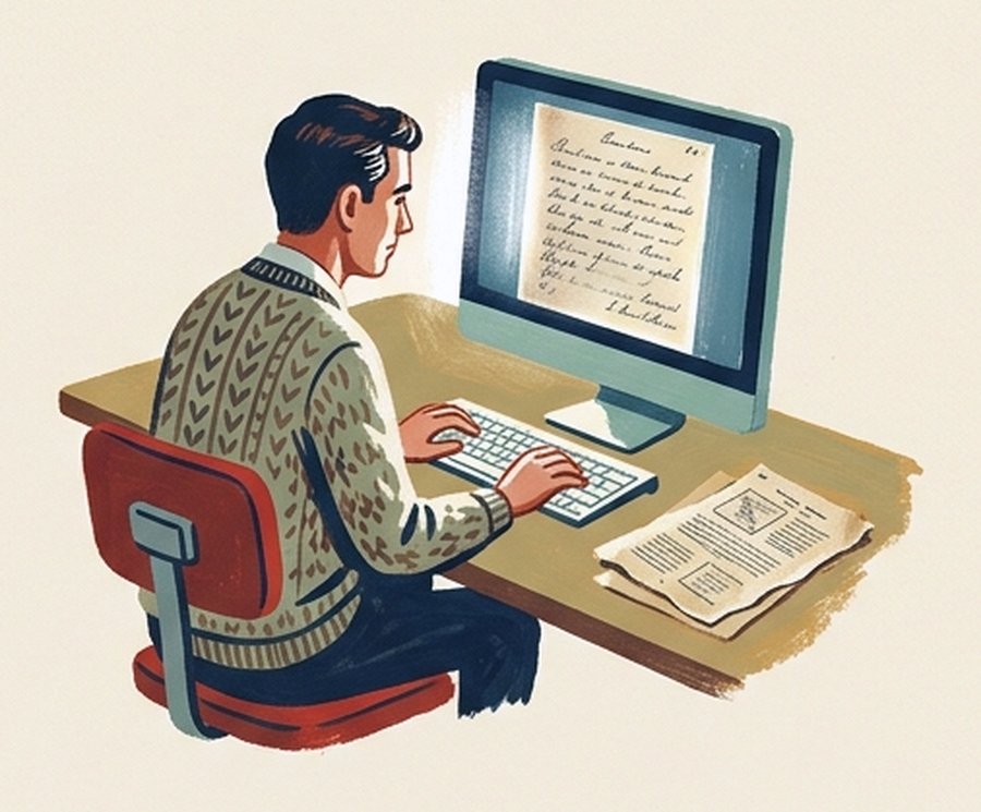 A painting of a man at a computer looking at a record