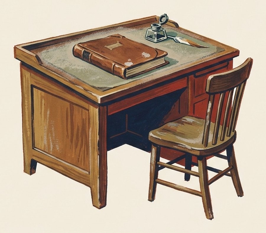 A painting of a closed ledger on an empty desk