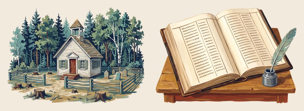 A painting of a small country church and an open church register