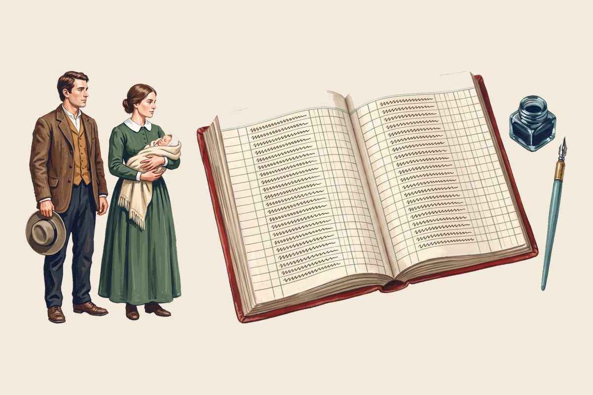 A painting of a young couple holding their newborn beside an open registration book