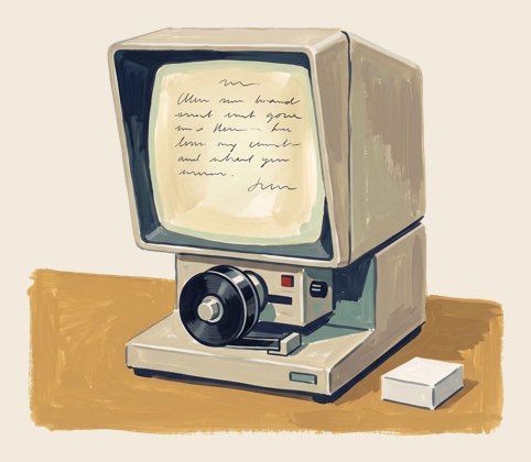 A painting of a microfilm reader on a desk