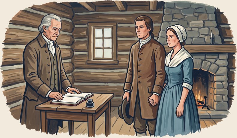 A painting of a magistrate recording a marriage in a log house
